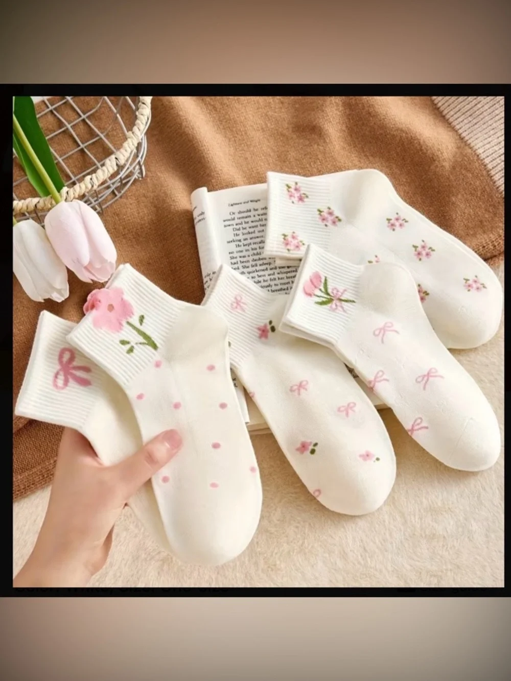 New 5 Pairs Floral Butterfly Print Ankle Socks White & Pink Ribbed Elastic Cuff